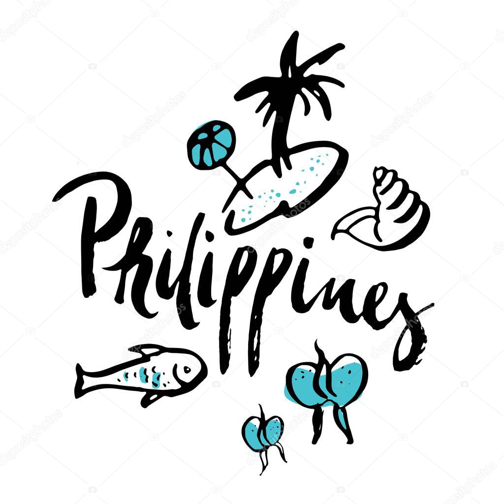 Philippines set of travel icons with traditional symbols and calligraphic isolated vector illustration