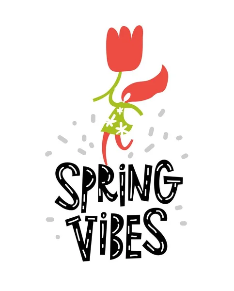 向量春天 vibes 标志, 标志与手绘的文字和花在白色背景 — 图库矢量图片