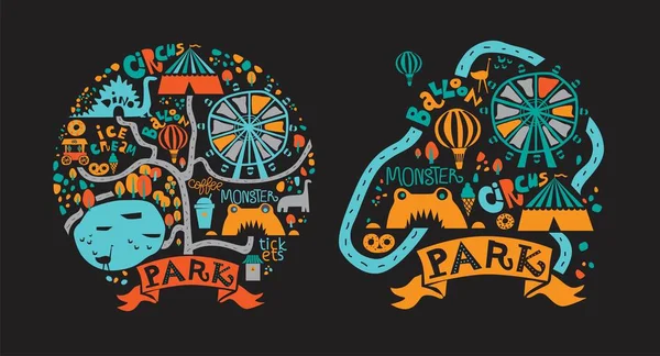 Iconos del parque de atracciones ambientado en estilo de dibujos animados con atracciones y senderos para caminar, estanque, helado, café — Vector de stock