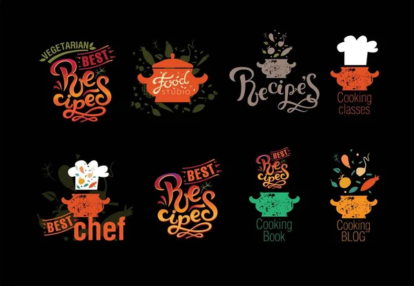Conjunto de insignias, etiquetas, logotipos para blog de alimentos, tienda de alimentos, libros de recetas y cursos de cocina con ilustración vectorial — Vector de stock