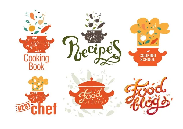 Conjunto de insignias, etiquetas, logotipos para blog de alimentos, tienda de alimentos, libros de recetas y cursos de cocina — Archivo Imágenes Vectoriales