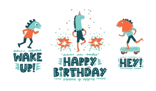 Lettrage moderne écrit à la main Joyeux anniversaire avec un garçon dans une illustration de masque de dinosaure sur fond blanc dans le style de dessin animé Vecteur En Vente