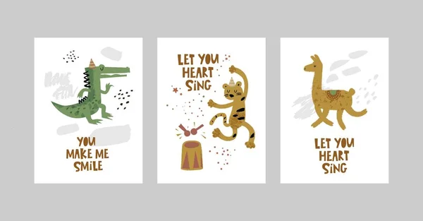 Cartes ou affiches serties d'animaux mignons, crocodile, léopard, Lama dans le style dessin animé Illustration De Stock
