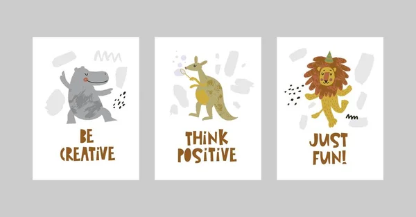 Cartes ou affiches serties d'animaux mignons, Hippo, kangourou, lion en style dessin animé Illustrations De Stock Libres De Droits