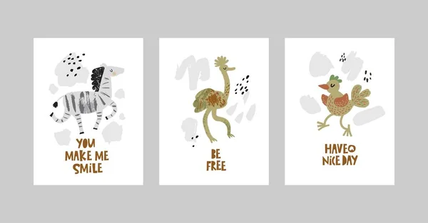 Cartes ou affiches serties d'animaux mignons, zèbre, autruche, oiseau dans le style de dessin animé Illustration De Stock