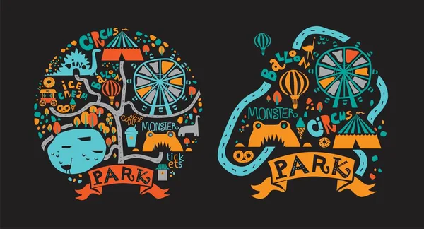 Icônes de parc d'attractions dans le style dessin animé avec attractions et sentiers pédestres, étang, crème glacée, café Illustrations De Stock Libres De Droits