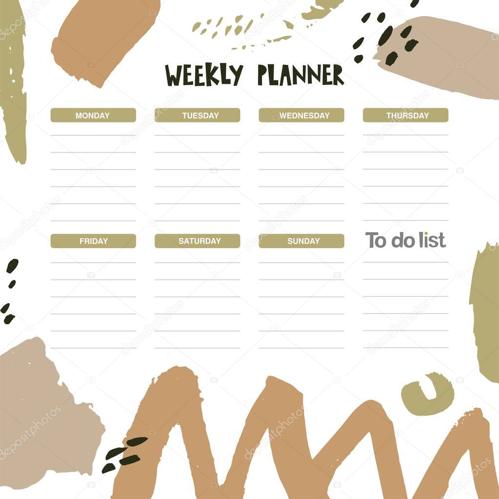 Weekly and Daily Planner template with abstract shapes in a calligraphic style
