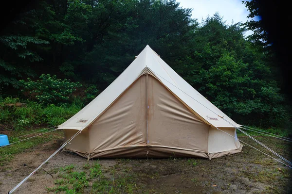 A forest tent in rainy day