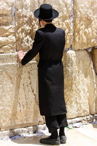stock image Jerusalem Israel May 21, 2018 View of an unknown religious Orthodox Jew praying in front of the western wall of the old city of Jerusalem