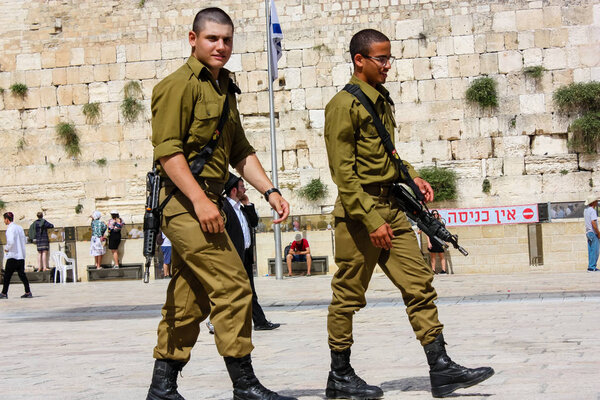 Jerusalem Israel May 21, 2018 View of Israeli soldiers walking on the Western wall plaza in the old city of Jerusalem