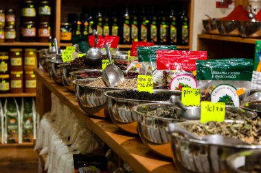 Kudüs İsrail 24 Mayıs 2018 çeşitli baharatlar Closeup lehimlemek içinde çarşı Kudüs İsrail