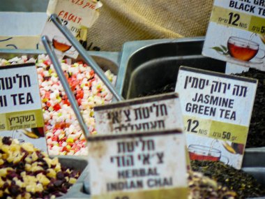 Kudüs İsrail 24 Mayıs 2018 çeşitli baharatlar Closeup lehimlemek içinde çarşı Kudüs İsrail