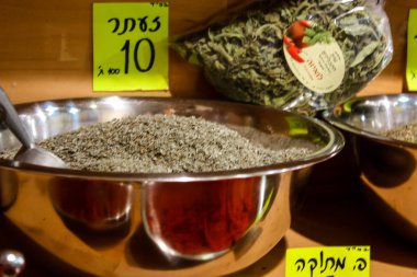 Kudüs İsrail 24 Mayıs 2018 çeşitli baharatlar Closeup lehimlemek içinde çarşı Kudüs İsrail