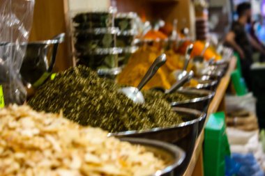 Kudüs İsrail 24 Mayıs 2018 çeşitli baharatlar Closeup lehimlemek içinde çarşı Kudüs İsrail