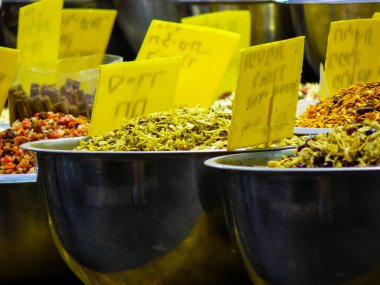 Kudüs İsrail 24 Mayıs 2018 çeşitli baharatlar Closeup lehimlemek içinde çarşı Kudüs İsrail