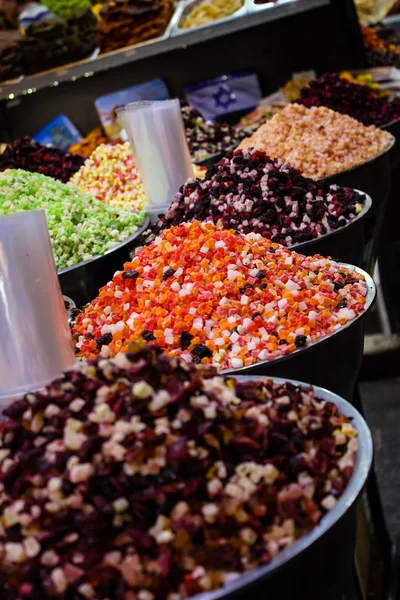 Jerusalém Israel Maio 2018 Encerramento Várias Frutas Secas Vendidas Mercado — Fotografia de Stock