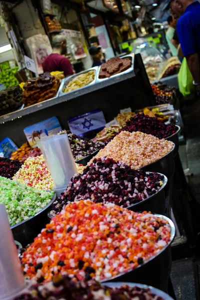 Jerusalém Israel Maio 2018 Encerramento Várias Frutas Secas Vendidas Mercado — Fotografia de Stock