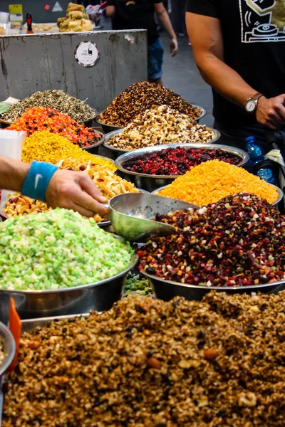 Jerusalém Israel Maio 2018 Encerramento Várias Frutas Secas Vendidas Mercado — Fotografia de Stock