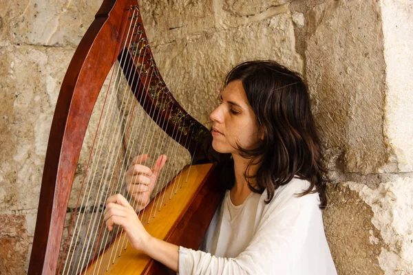 Kudüs İsrail 28 Mayıs 2018 öğleden sonra Kudüs'ün eski şehri Yafa Kapısı Harp oynayan bir sokak müzisyeni görünümünü