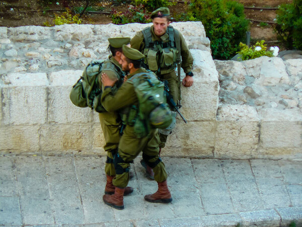 Jerusalem Israel May 31, 2018 View of soldiers standing around the Western Wall Square in the old city of Jerusalem in the evening