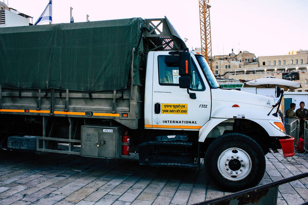 Jerusalem Israel May 31, 2018 View of a military truck at the Western Wall square in the old city of Jerusalem in the evening