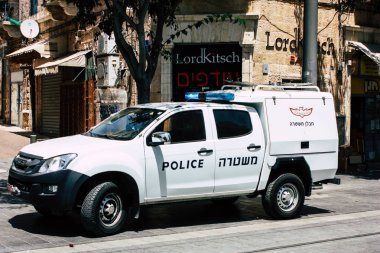 Kudüs İsrail 08 Haziran 2018 görünümü İsrail polis araba Kudüs'ün Yafa Caddesi'nde sabah