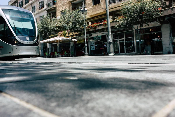 Izrael Jerozolima Czerwca 2018 Widok Wózka Tramwajowego Jaffa Street Jerozolimie — Zdjęcie stockowe