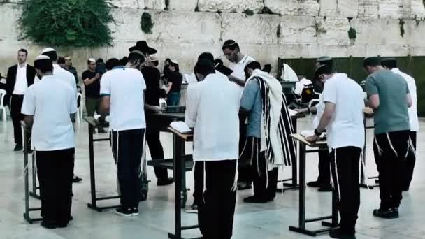エルサレム イスラエル 2018 日の未知数人々 祈り前部のエルサレムの旧市街 嘆きの壁朝の眺め — ストック動画