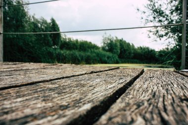 Fransa'da Reims yakınındaki zemin seviyesinden ahşap köprü görünümü