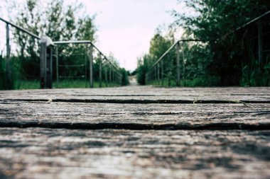 Fransa'da Reims yakınındaki zemin seviyesinden ahşap köprü görünümü