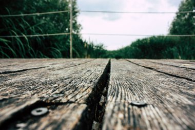 Fransa'da Reims yakınındaki zemin seviyesinden ahşap köprü görünümü