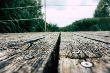 Fransa'da Reims yakınındaki zemin seviyesinden ahşap köprü görünümü