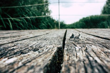 Fransa'da Reims yakınındaki zemin seviyesinden ahşap köprü görünümü