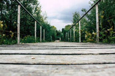 Fransa'da Reims yakınındaki zemin seviyesinden ahşap köprü görünümü