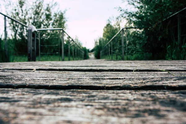 Fransa'da Reims yakınındaki zemin seviyesinden ahşap köprü görünümü