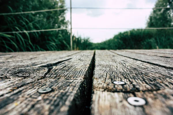 Fransa'da Reims yakınındaki zemin seviyesinden ahşap köprü görünümü