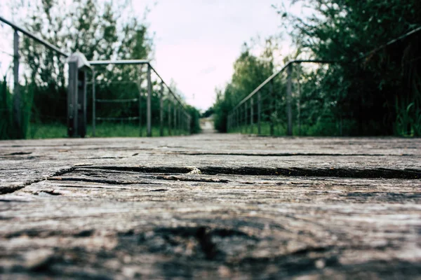 Fransa'da Reims yakınındaki zemin seviyesinden ahşap köprü görünümü