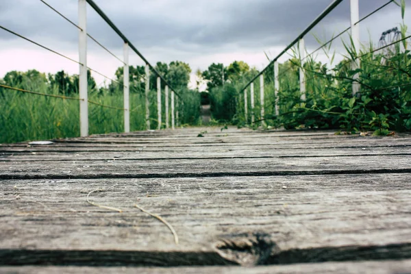 Fransa'da Reims yakınındaki zemin seviyesinden ahşap köprü görünümü