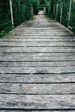 Fransa'da Reims yakınındaki zemin seviyesinden ahşap köprü görünümü