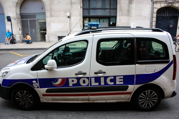 Reims Francia Julio 2018 Vista Coche Policía Francés Estacionado Calle —  Fotos de Stock