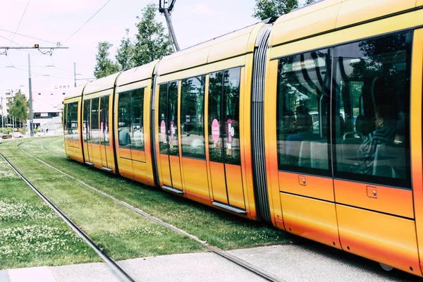 Reims Frankrike Juli 2018 Spårvagn Och Spårvagn Staden Reims Frankrike — Stockfoto