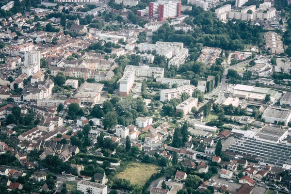 France June 29, 2018 Aerial view of buildings near Paris in France at 10,000 feet altitude in the afternoon