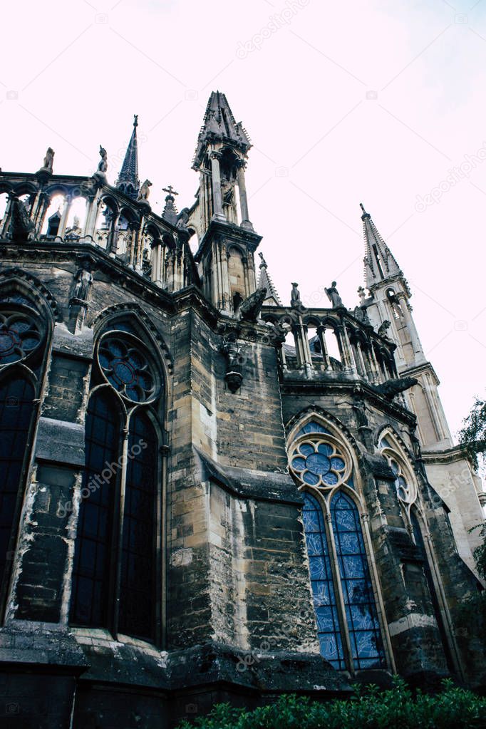 Reims France July 16, 2018 View of the exterior facade of Notre Dame Cathedral in Reims in the afternoon