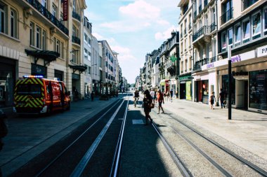 Reims Fransa 16 Temmuz 2018 öğleden sonra Reims caddesinde bir itfaiye motoru görünümü