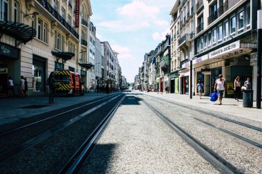 Reims Fransa 16 Temmuz 2018 öğleden sonra Reims caddesinde bir itfaiye motoru görünümü