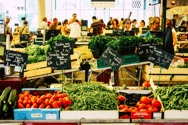 Reims France July 14, 2018 View of unknowns people shopping at the Reims market in the morning