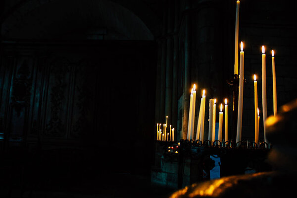 Reims France August 13, 2018 View of candles inside of Notre Dame Cathedral of Reims in the afternoon