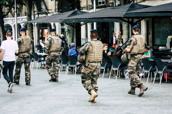 Reims France August 13, 2018 View of a French army patrol in the streets of Reims in the afternoon