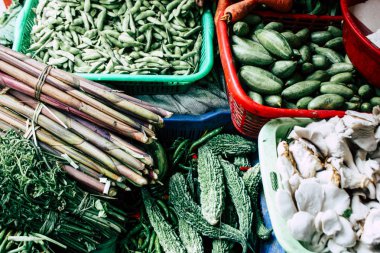 Katmandu Nepal 21 Ağustos 2018 çeşitli sebze Closeup sabah piyasada Katmandu Thamel sokakta satılan