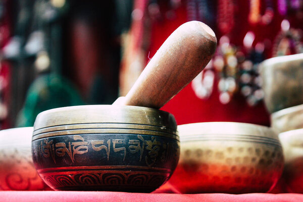 Kathmandu Nepal August 22, 2018 Closeup of Tibetan bowl sold in a souvenir shop at Thamel street in Kathmandu in the morning